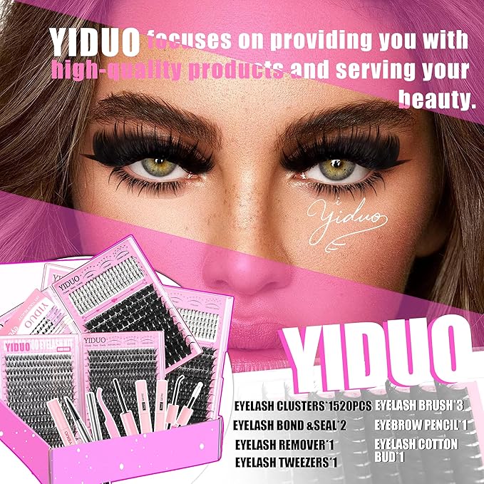 YIDUO 6 Styles Mix Lashes Clusters Kit 3 Box Cluster Lash Book Kit with 2X Bond&Seal 1520Pcs 100D/200D/300D Volume Individual Eyelash Extension Gift Packs for Beginners. DIY at Home Easily