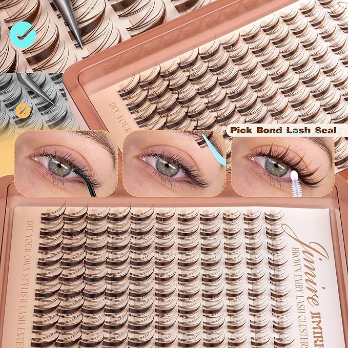 JIMIRE Fairy Brown Lash Clusters Wispy Eyelash Extensions Dark Brown Individual Lashes 10-16MM Manga Eyelash Clusters C-Curly Cluster Eyelash Extensions 110Pcs Anime Cluster Lashes DIY at Home