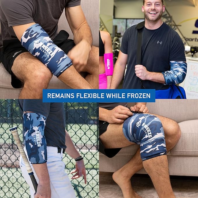 FreezeSleeve Ice and Heat Therapy Sleeve | Reusable Ice Pack Flexible Gel Compression Sleeve for Pain Relief and Recovery of Elbow Knee Ankle Leg Wrist Injuries | Blue Camo Large
