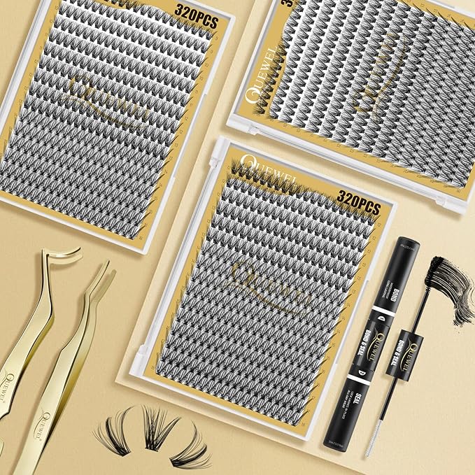 QUEWEL Lash Clusters 320Pcs Cluster Lashes 40D C Curl Lash Cluster Eyelash Extensions Mix12-18mm Individual Eyelashes Clusters Wispy Lash Clusters Thin Band Soft to Use at Home(40D C Mix12-18)