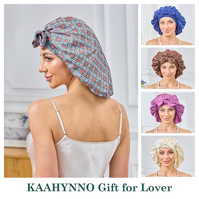 Silk Satin Bonnet for Sleeping Hair: Women Sleep Night Wrap Cap for Straight Wavy Curly Coily Kinky Natural Hair Head by Tie Band - Red & Green Crossed Flower + Pink