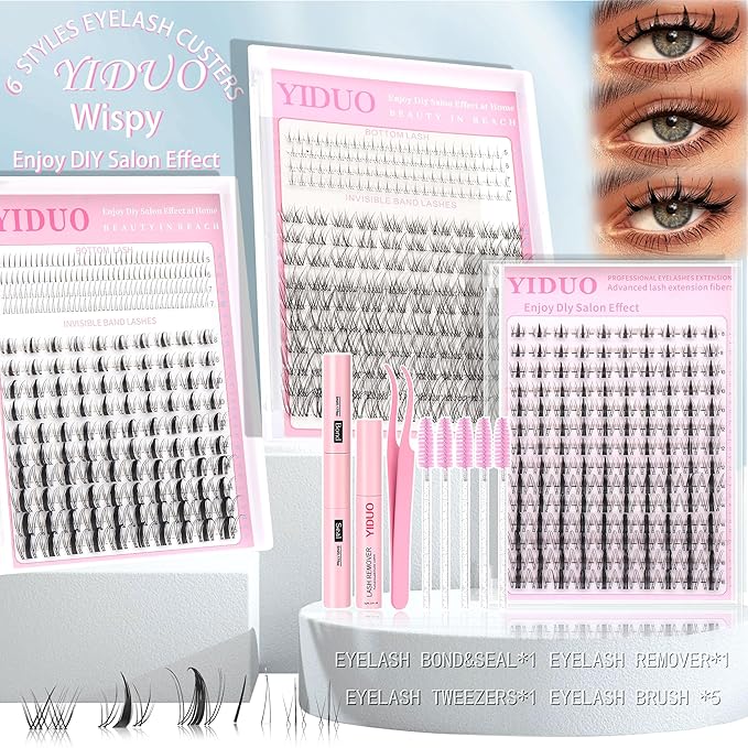 YIDUO Fairy Manga lashes Clusters with Bottom Lashes Clusters Kit Gift Packs 604Pcs 5-16mm Soft Extension False Eyelash D Curl Wispy Natural Wet-Look Lashes Extensions Combo Pack with Glue Removers