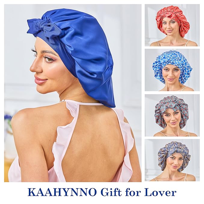 Silk Satin Bonnet for Sleeping Hair: Women Sleep Night Wrap Cap for Straight Wavy Curly Coily Kinky Natural Hair Head by Tie Band - Navy + Sky Blue