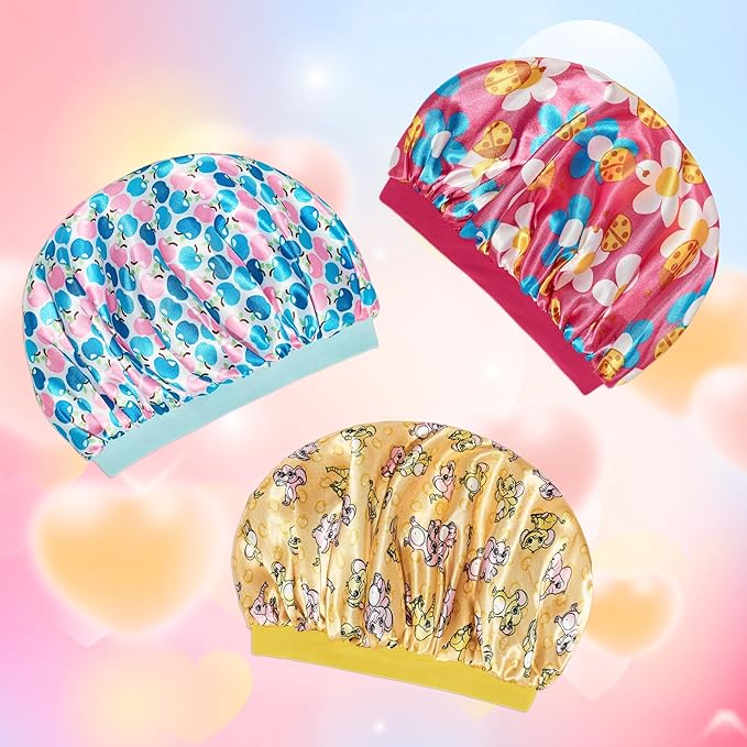 3 Pcs Bonnet for Kids, Kids Bonnets for Girls, Satin Silk Hair Bonnet for Sleeping, Soft Wide Band Sleep Cap for Curly Hair Braids for Teens Child Toddler