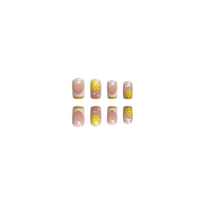 Sqaure Press on Nails Medium - French Tip Fake Nails with Yellow Flower Design - Glossy Full Cover Stick on Nails for Women 24 Pcs