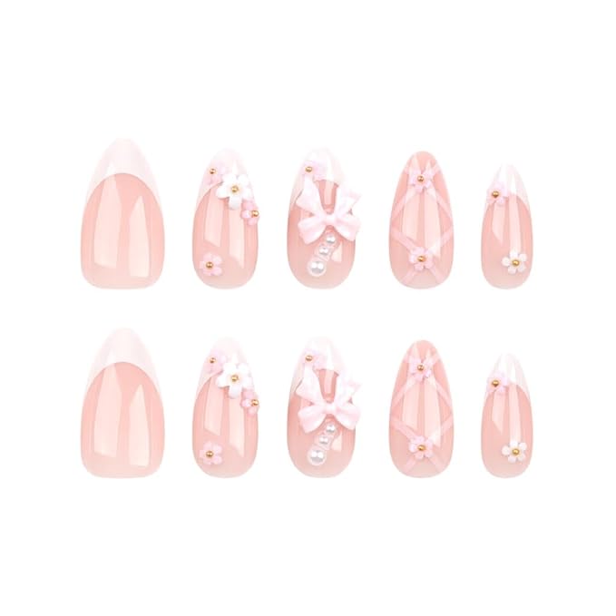 Foccna French Press on Nails Medium Rhinestone Pink Fake Nails Almond Bling Glossy 3D Flower False Nail Tips Artificial Nails Finger Manicure for Women&Girls -24 pcs