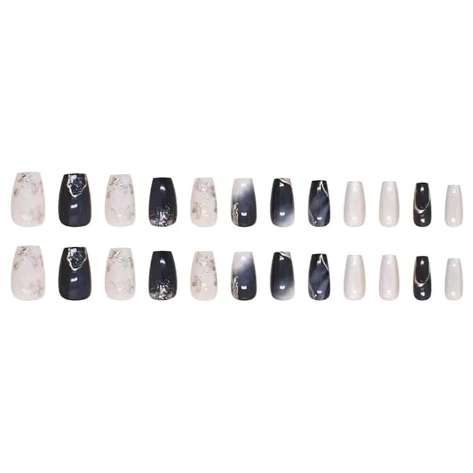 Medium Press on Nails Coffin - Silver Flower Fake Nails with Embossed Design - Blue Ombre Full Cover Stick on False Nails - for Women 24 Pcs