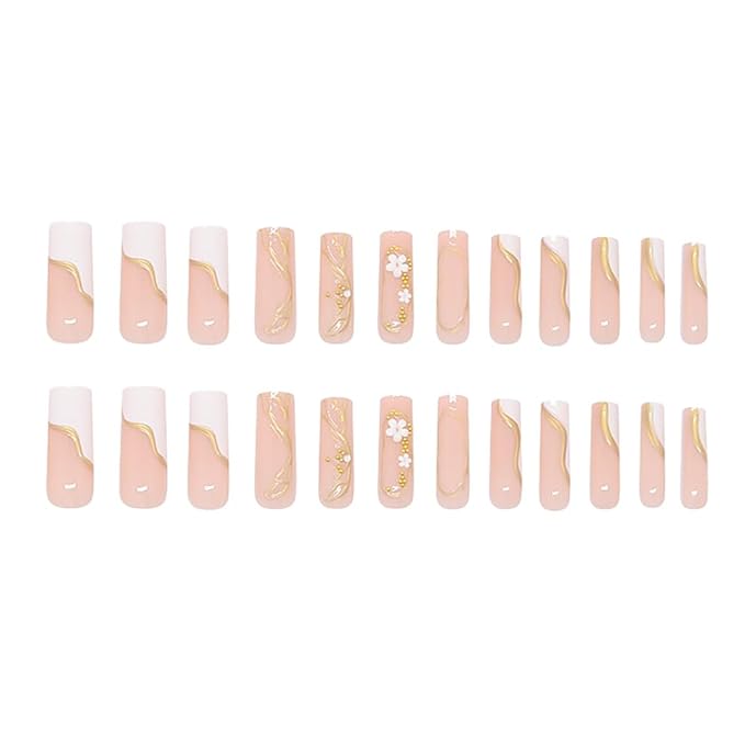 RikView Coffin Press on Nails Long Fake Nails with 3D Flowers Design Golden Nails Glossy Full Cover Nails for Women 24 PCs/Set