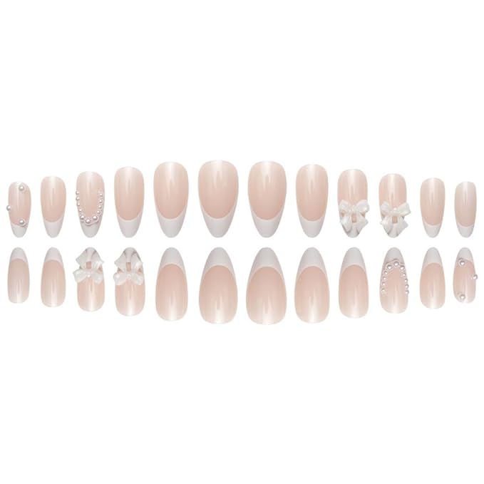 Foccna Press on Nails Almond Medium Pearl White Fake Nails French Glossy 3D False Nail Tips Artificial Nails Finger Manicure for Women&Girls -24 pcs
