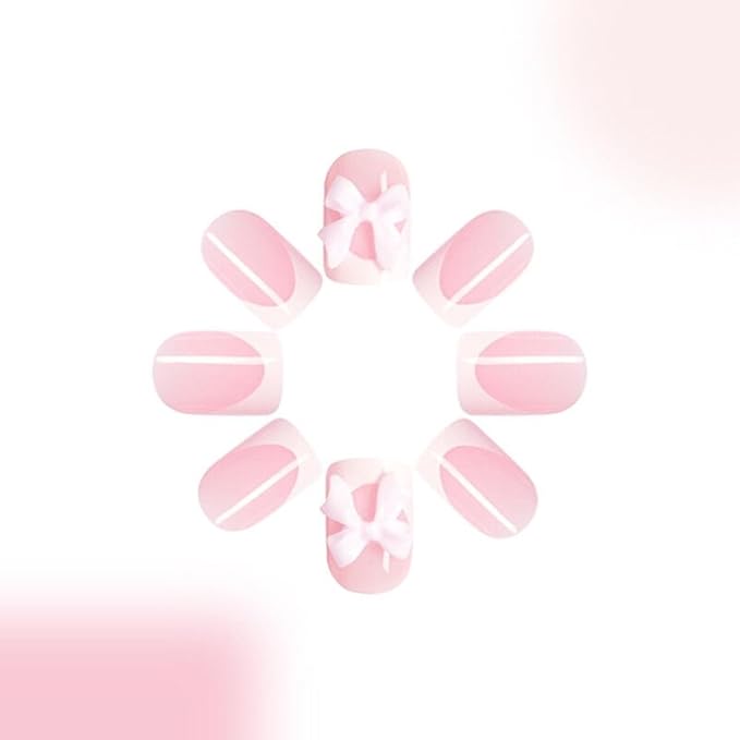 White French Tip Press on Nails Short - Square Fake Nails with Pink Bow Design - Cute Full Cover Stick on False Nails for Women 24 Pcs