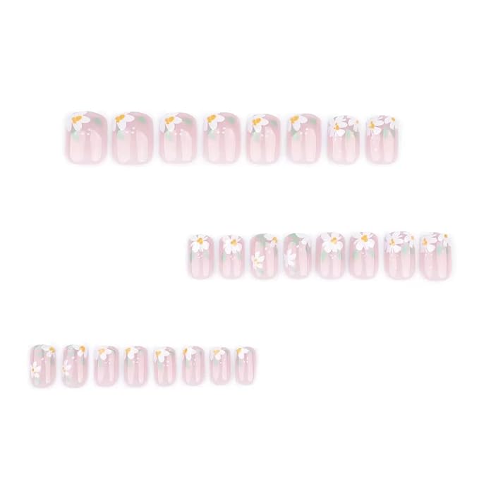 Short Press on Nails Square - Cute Fake Nails with Flower Leaf Design - Spring Full Cover Stick on False Nails for Women - 24 Pcs
