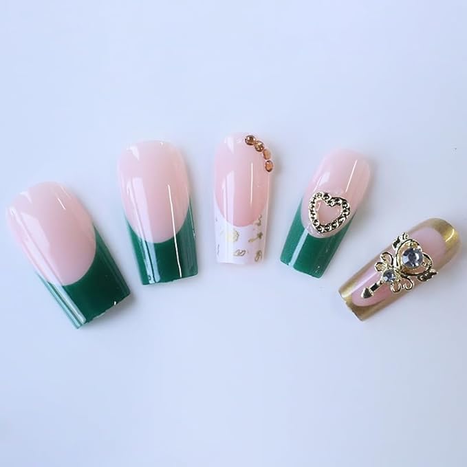 Green French Tip Press on Nails Medium Coffin Fake Nails with Flower Heart Charms Design - Full Cover Stick on Press ons - for Women Manicure 24 Pcs