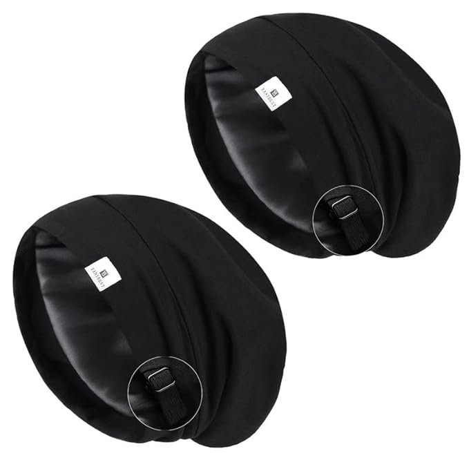 YANIBEST 2 Pcs Silk Bonnet Satin Bonnet Hair Bonnet for Sleeping - Adjustable Saty on Satin Lined Slouchy Beanie Hat for Women