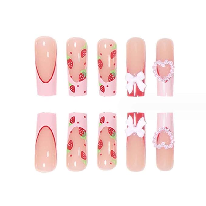 Foccna Press on Nails Long Rhinestone Pink Fake Nails Square Bling Glossy Artificial Nails Finger Manicure for Women and Girls-24pcs (Long Nails 3)