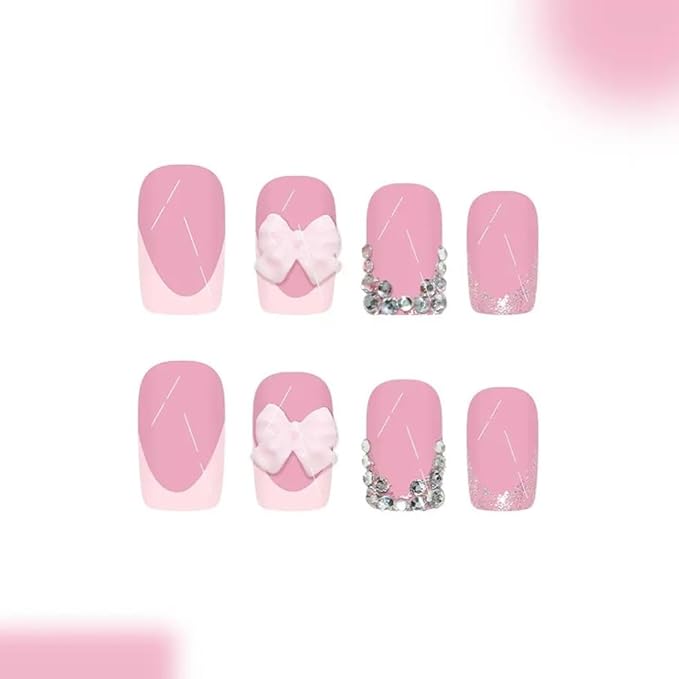 CTTHNBD Press on Nails Square - Medium Fake Nails with Bow Deisgn - Rhinestone, Pink French Tip False Nails - for Women 24 Pcs