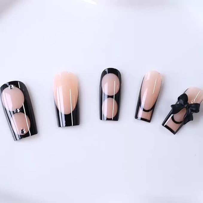 CTTHNBD Press on Nails Square - Black French Tip Fake Nails with Bow Rhinestone Design - Glossy Medium False Nails Press Ons- for Women Manicure 24 Pcs