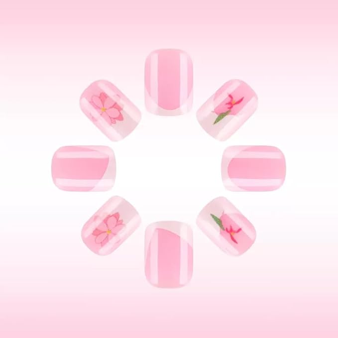 CTTHNBD Press on Nails Square - Short Fake Nails with Pink Flower Design - White French Tip False Nails Press ons - for Women 24 Pcs