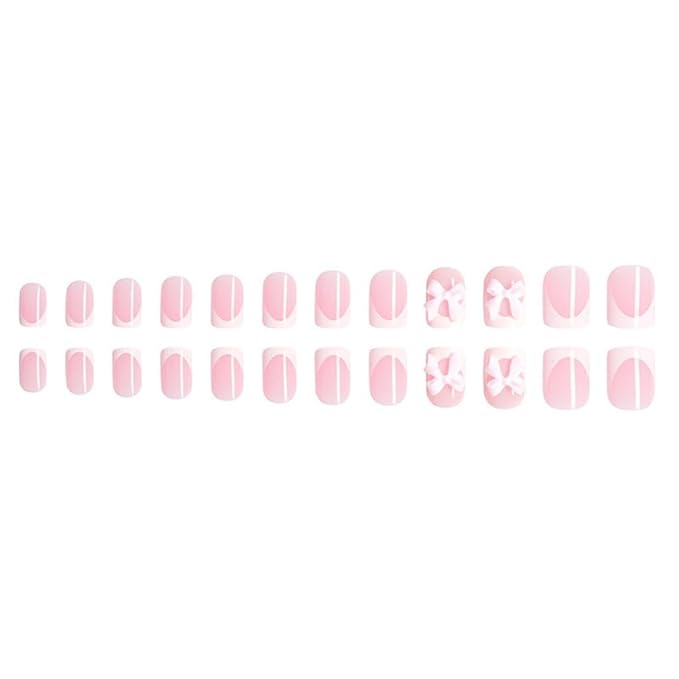White French Tip Press on Nails Short - Square Fake Nails with Pink Bow Design - Cute Full Cover Stick on False Nails for Women 24 Pcs