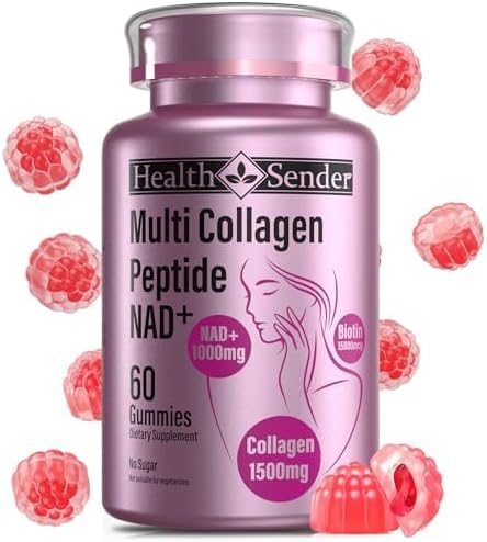 HealthSender Collagen Peptide Gummies, Sugar-Free Woman &Man's Proteins Collagen Gummy Filled 1500mg Hydrolyzed Collagen Type I,II,III,V,X,1000mg NAD 15000mcg Biotin Supplement for Skin, Hair, Nails