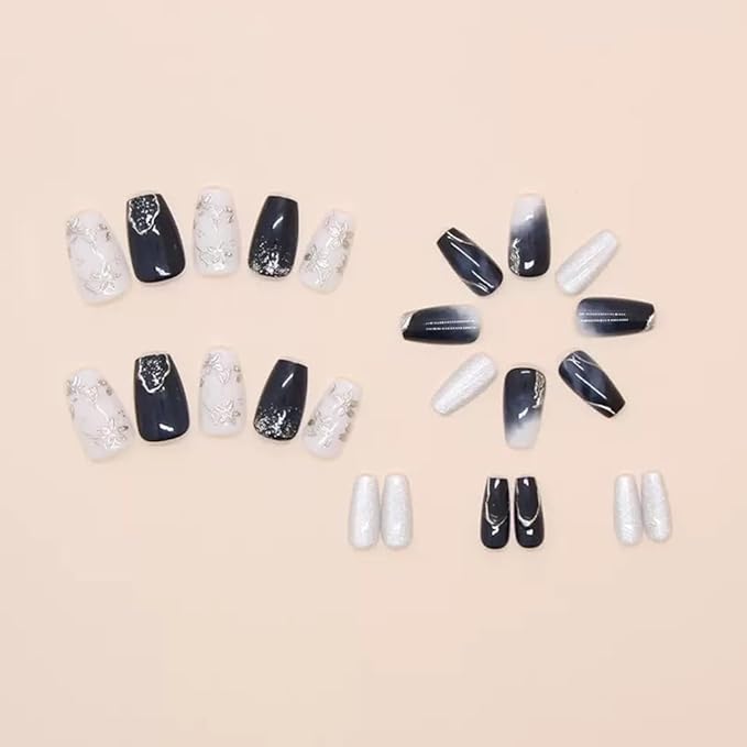Medium Press on Nails Coffin - Silver Flower Fake Nails with Embossed Design - Blue Ombre Full Cover Stick on False Nails - for Women 24 Pcs