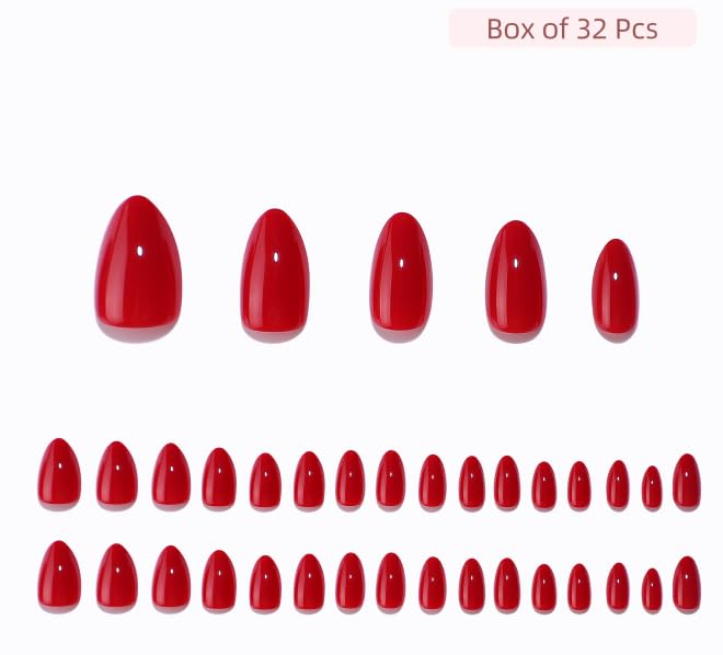 RPNZL Press On Nails - Cherry Bomb | Opaque Bright Red Medium Almond Fake Nails, Salon Quality - 32 Nails, 16 Sizes Kit with Glue and Adhesive Tabs I Female Founded