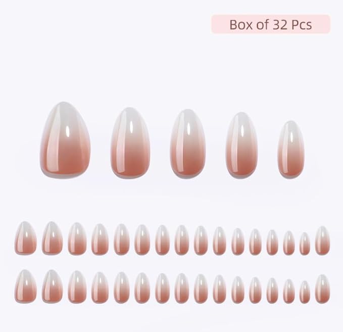 RPNZL Press On Nails - Café Latte | Chrome Ombre French Tip, UV Finish Almond Nails, Salon Quality | 32 Nails, 16 Sizes Kit with Glue and Adhesive Tabs I Female Founded