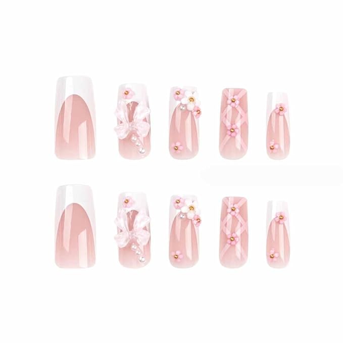 Foccna Press on Nails Medium Long Rhinestone Pink Fake Nails Square Bling Glossy 3D False Nail Tips Artificial Nails Finger Manicure for Women and Girls-24pcs