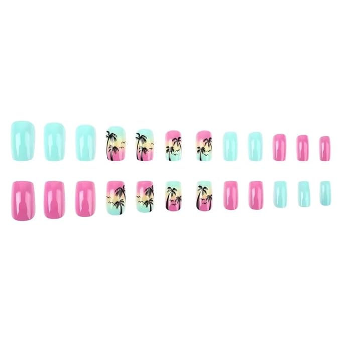 CTTHNBD Press on Nails Short - Square Fake Nails with Coconut Tree Design - Pink Blue False Nails Press ons - for Women Summer Manicure 24 Pcs