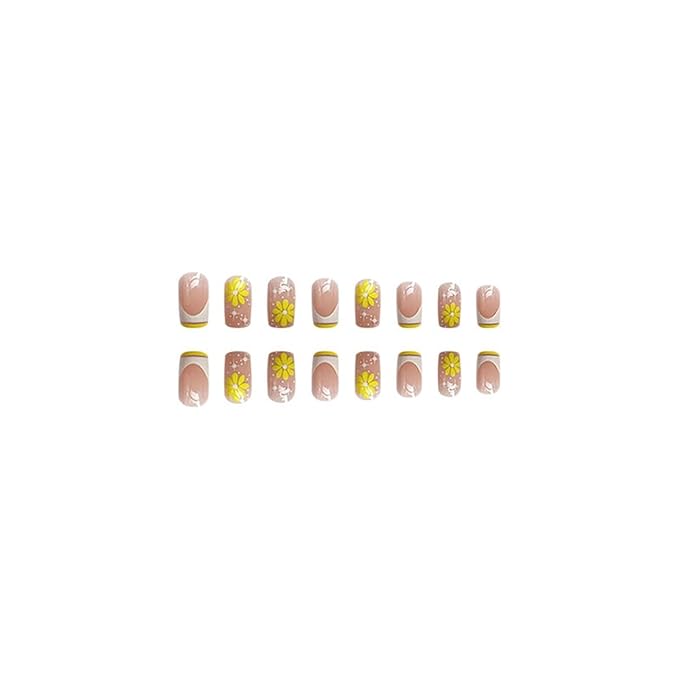 Sqaure Press on Nails Medium - French Tip Fake Nails with Yellow Flower Design - Glossy Full Cover Stick on Nails for Women 24 Pcs