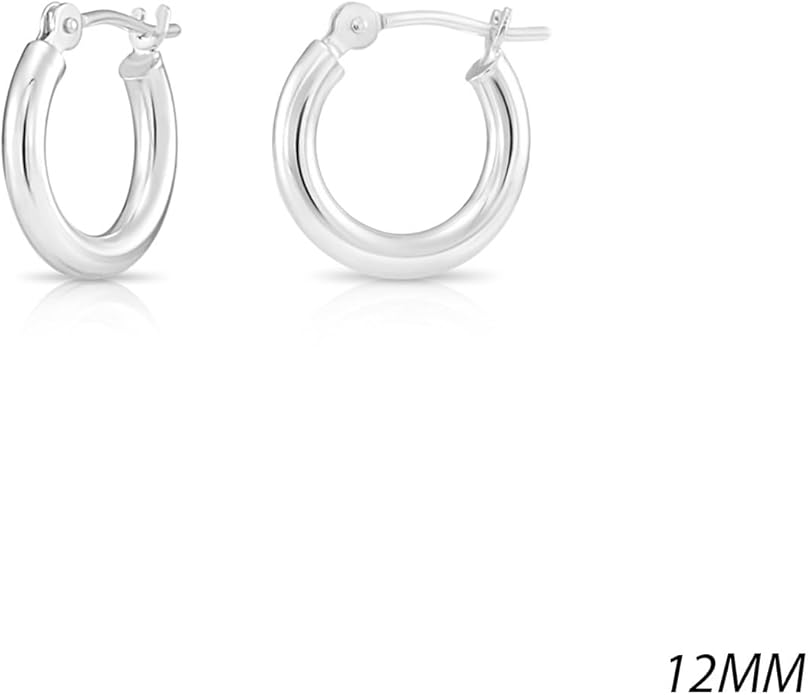 Classic 10K White Gold Hoop Earrings - Shiny Polished Plain Round Gold Hoops for Women and Men