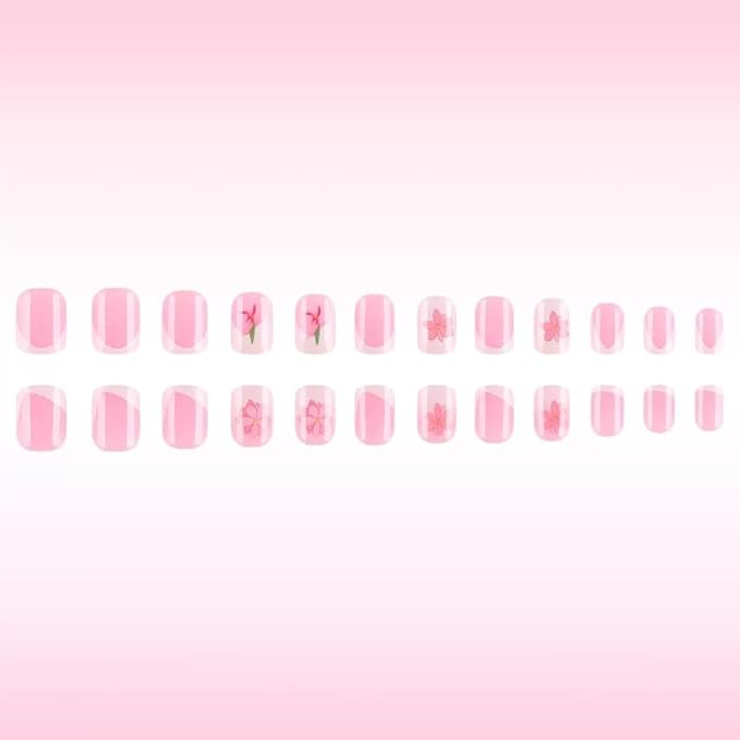 CTTHNBD Press on Nails Square - Short Fake Nails with Pink Flower Design - White French Tip False Nails Press ons - for Women 24 Pcs