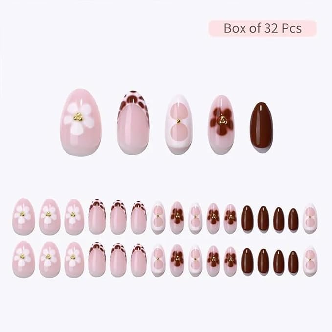 RPNZL Press On Nails - Blossom | Floral Design Almond UV Finish Nails, Salon Quality | 32 Nails, 16 Sizes Kit with Glue and Adhesive Tabs I Female Founded