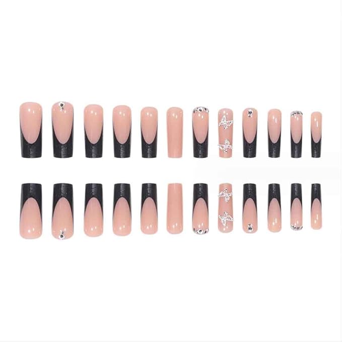 Foccna Press on Nails Long Rhinestone Pink Fake Nails Black Square Bling Glossy Artificial Nails Finger Manicure for Women and Girls-24pcs (Long Nails 1)