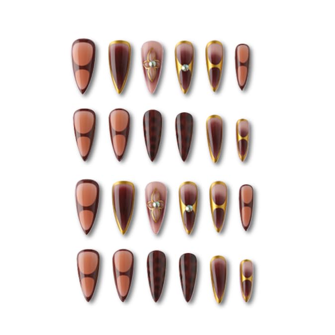 XZMeiLun 3D Brown Flowers Press On Nails Almond Short, 3D Pattern Designer Reusable Acrylic Nails Press Ons, Fake Nails With Glue On, Daily Wear Floral False Nails For Women