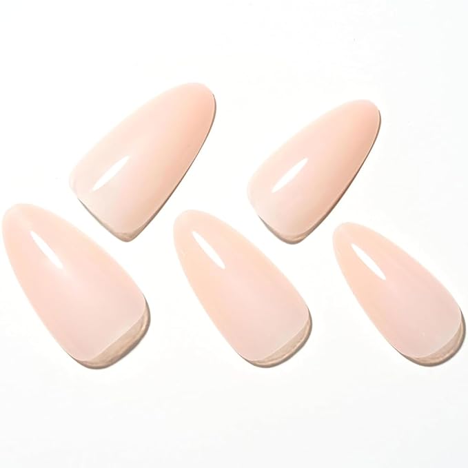 GLAMERMAID Press on Nails Medium Almond, Spring Summer Nude Gel Glue on Nail, Glossy Short Stiletto Reusable UV Finish Fake Nails Acrylic False Nails Manicure Kits for Women