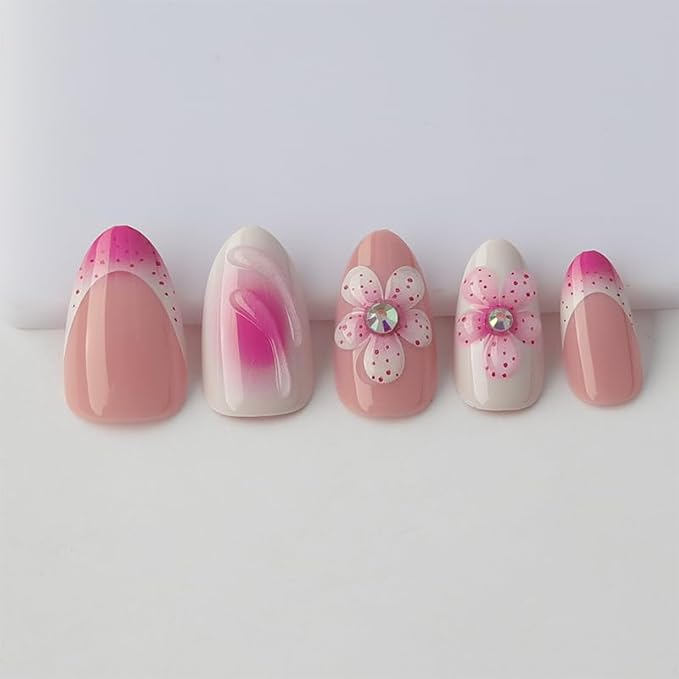 XZMeiLun 3D French Tip Flowers Press On Nails Almond Short, 3D Pattern French Tips Designer Reusable Acrylic Nails Press Ons, Fake Nails With Glue On, Daily Wear Floral False Nails For Women