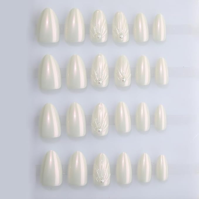 XZMeiLun 3D White Aurora Shell Press On Nails Almond Short, 3D Pattern Designer Reusable Acrylic Nails Press Ons, Fake Nails With Glue On, Daily Wear Floral False Nails For Women