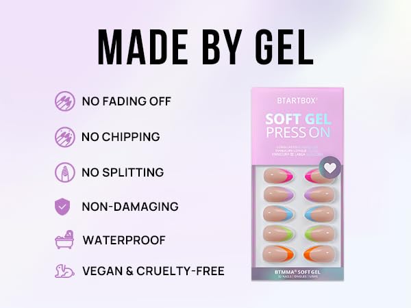 BTArtbox Press On Nails Short - Soft Gel French Tip Press On Nails, Colorful Almond Glue On Nails, Reusable Stick On Nails in 16 Sizes, Neon Rainbow French