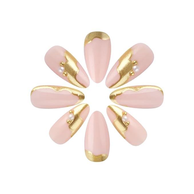 XZMeiLun Gold French Tip Press On Nails Medium Almond, Pearl Charms French Tip Sticke On Nails, Designer Reusable Acrylic Nails Press Ons, Fake Nails With Glue On Nails, Daily Wea False Nail For Women