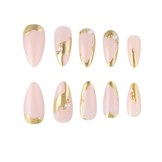 XZMeiLun Gold French Tip Press On Nails Medium Almond, Pearl Charms French Tip Sticke On Nails, Designer Reusable Acrylic Nails Press Ons, Fake Nails With Glue On Nails, Daily Wea False Nail For Women
