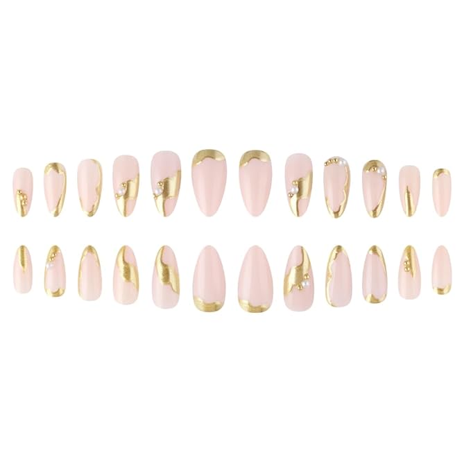 XZMeiLun Gold French Tip Press On Nails Medium Almond, Pearl Charms French Tip Sticke On Nails, Designer Reusable Acrylic Nails Press Ons, Fake Nails With Glue On Nails, Daily Wea False Nail For Women