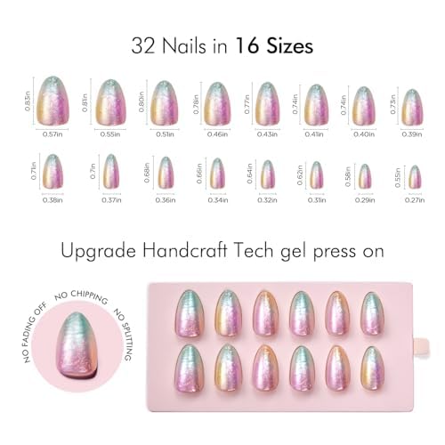 VSALON Press on Nails Medium Almond - Colorful Sfumato Golden Foil Nails Kit for Women, Reusable Opaque Soft Gel Fake Nails with Glue & Cuticle Oil - 32 PCS Glue On Nails in 16 Sizes (Mermaid)