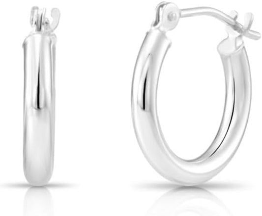 Classic 10K White Gold Hoop Earrings - Shiny Polished Plain Round Gold Hoops for Women and Men