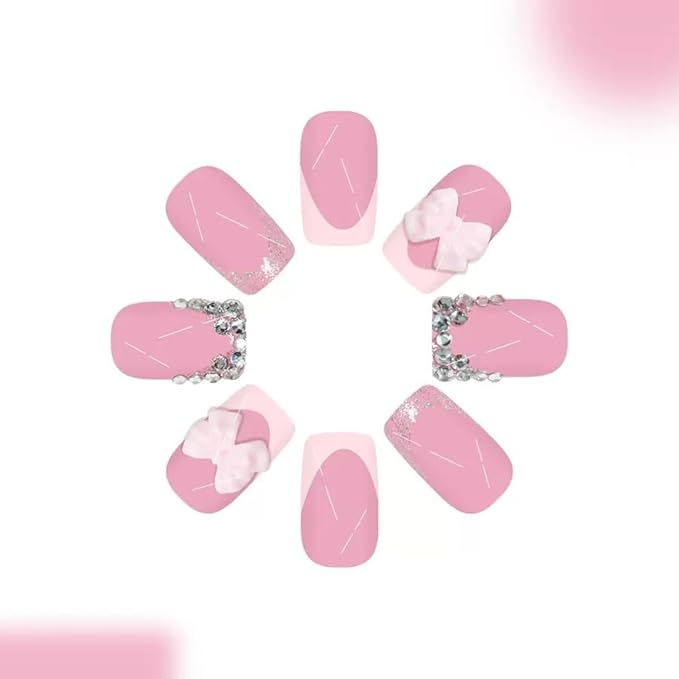 CTTHNBD Press on Nails Square - Medium Fake Nails with Bow Deisgn - Rhinestone, Pink French Tip False Nails - for Women 24 Pcs