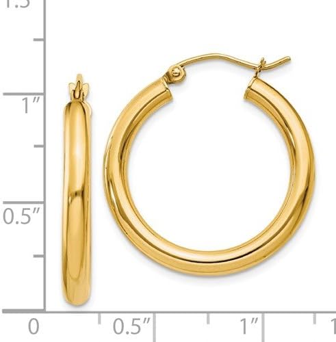 14K Yellow Gold Classic Real Hoop Earrings, (3mm Thick Tube)