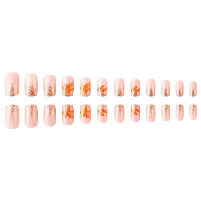 XZMeiLun Fall Press On Nails Short Square, Autumn Orange Acrylic Press On Nails, Lattice Maple Leaf Glitter Designer Reusable Fake Nails, Glue On Nail Press Ons for Hallows' Day Women