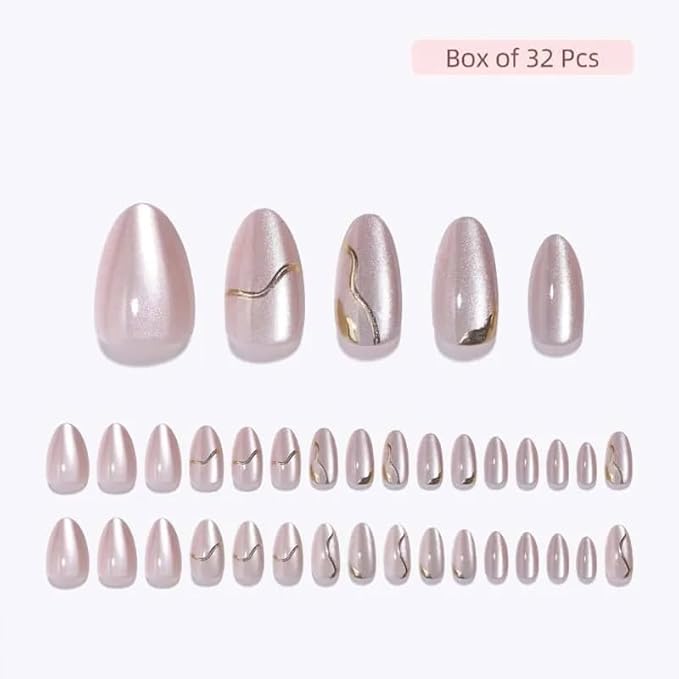 RPNZL Press On Nails - Glow | Champagne Cat Eye 3D Gold Design, UV Finish Almond Nails, Salon Quality | 32 Nails, 16 Sizes Kit with Glue and Adhesive Tabs I Female Founded - Beauty, Self Care