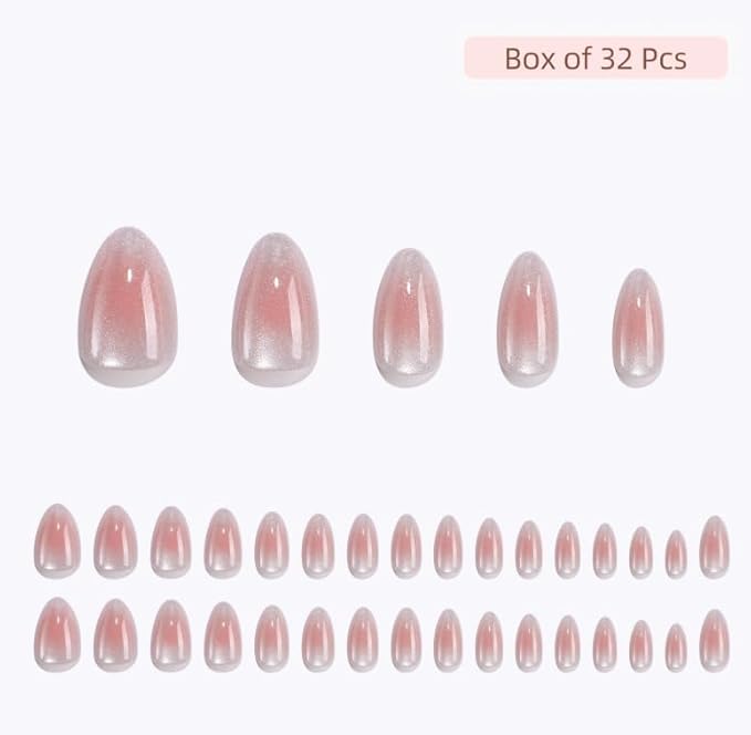 RPNZL Press On Nails - Halo | White and Pink Cat Eye, UV Finish Medium Almond Nails, Salon Quality | 32 Nails, 16 Sizes Kit with Glue and Adhesive Tabs I Female Founded