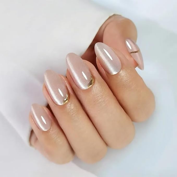 RPNZL Press On Nails - Glow | Champagne Cat Eye 3D Gold Design, UV Finish Almond Nails, Salon Quality | 32 Nails, 16 Sizes Kit with Glue and Adhesive Tabs I Female Founded - Beauty, Self Care