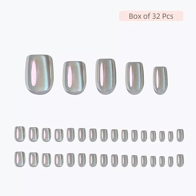 RPNZL Press On Nails - Opal | Chrome Cateye High Gloss Square Fake Nails, Salon Quality| 32 Nails, 16 Sizes Kit with Glue and Adhesive Tabs I Female Founded - Beauty, Self Care